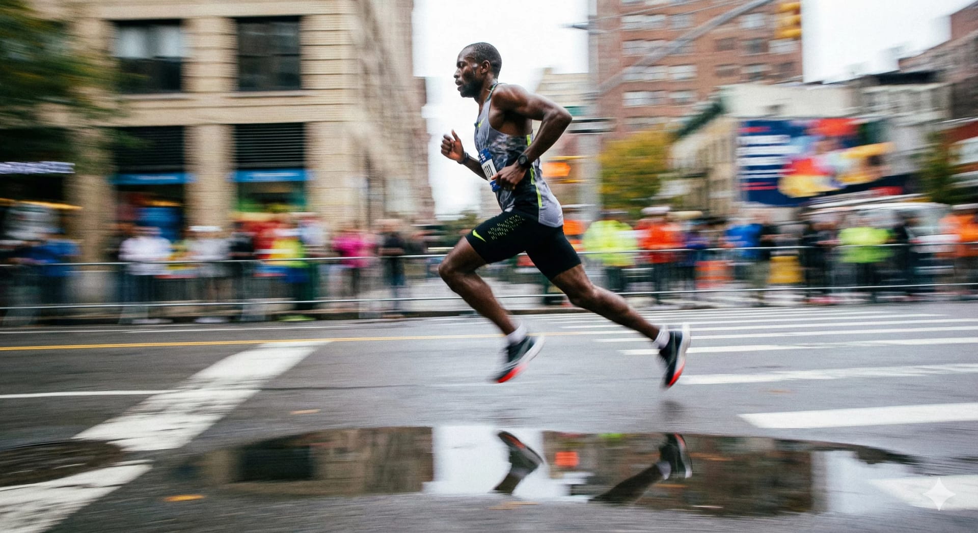 Runner in azione dinamica durante una gara, con effetto mosso che enfatizza la velocità e riflesso nell'acqua.