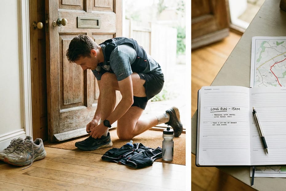 Runner che si prepara e diario di allenamento pianificato, visualizzazione della costanza e dell'organizzazione necessarie per raggiungere gli obiettivi di corsa nel lungo termine.