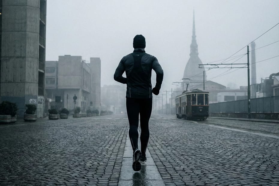 Runner corre determinato durante il blue monday a Torino.