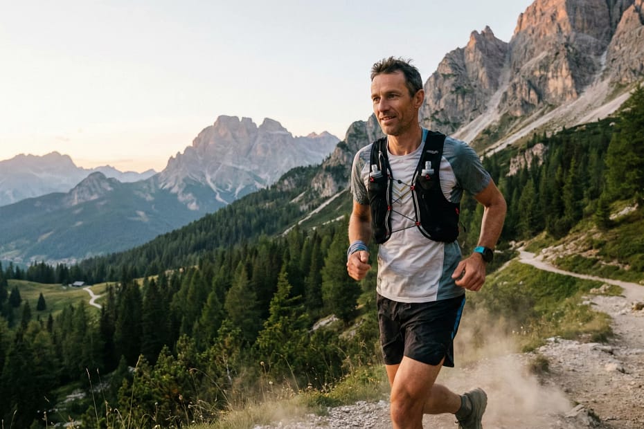 Runner respira correttamente durante allenamento in montagna.