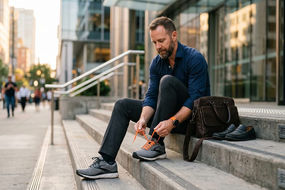 uomo in abito che allaccia le scarpe da corsa prima di uscire - piano allenamento runner impegnato - Franco Novello