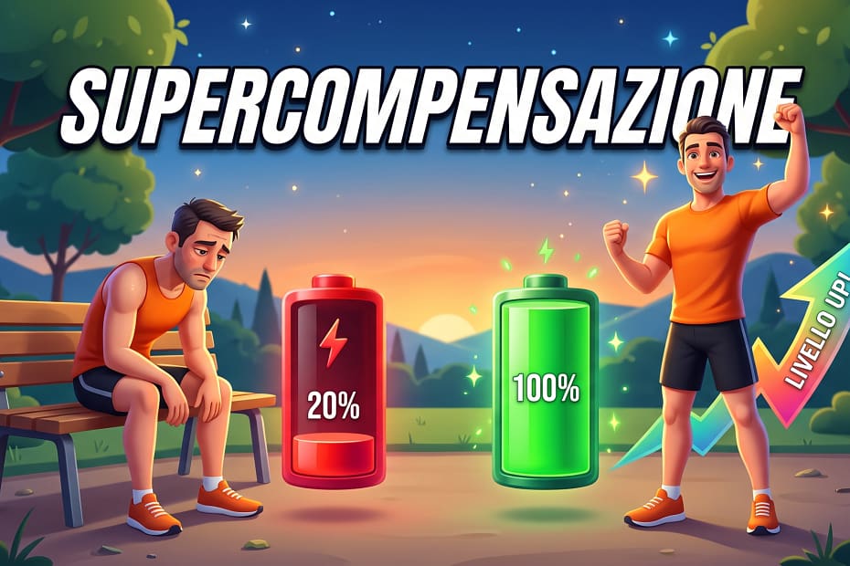 Illustrazione di un runner stanco e dello stesso runner carico di energia dopo il recupero, per spiegare la supercompensazione.